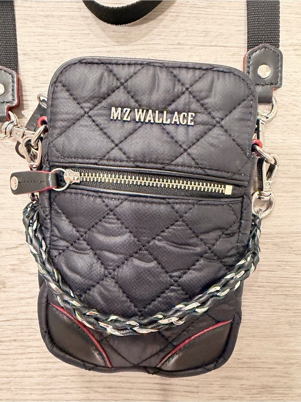 MZ WALLACE Micro Crosby Crossbody Bag Black Quilted Nylon Red Trim Travel - Picture 4 of 12